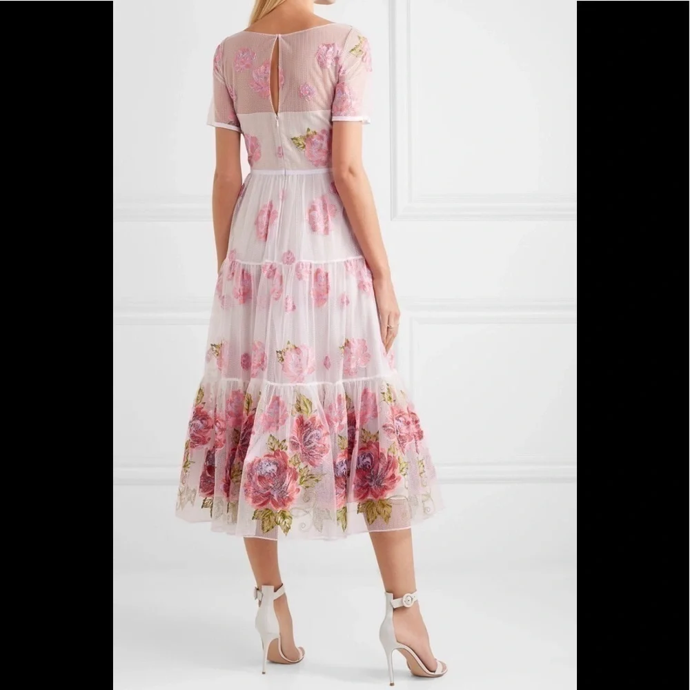 Marchesa Notte Tiered Embroidered Tulle Midi Dress - Picture 3 of 12